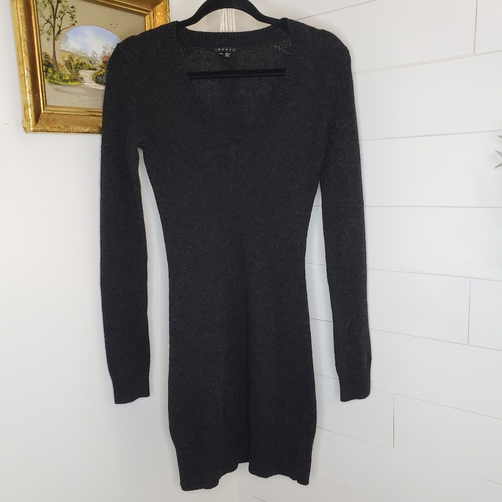 Theory Harufi Loryelle 100% Wool Charcoal V Neck Sweater Dress XS